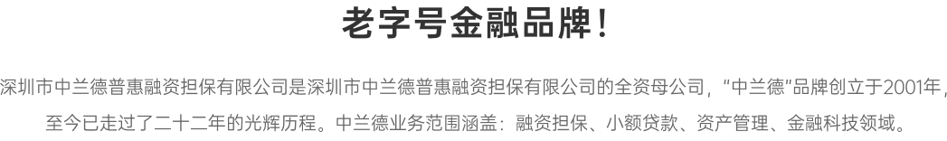 深圳市中兰德普惠融资担保有限公司是深圳市中兰德普惠融资担保有限公司的全资母公司，“中兰德”品牌创立于2001年，   至今已走过了二十二年的光辉历程。中兰德业务范围涵盖：融资担保、小额贷款、资产管理、金融科技领域。